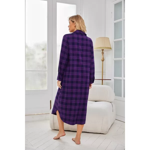 Ekouaer Womens Nightgown Plaid Flannel Warm Cotton Christmas Nightgown Sleep Shirt ButtonFront Nightshirt SleepwearPurple 2