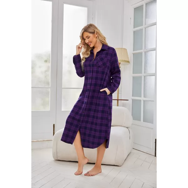 Ekouaer Womens Nightgown Plaid Flannel Warm Cotton Christmas Nightgown Sleep Shirt ButtonFront Nightshirt SleepwearPurple 2