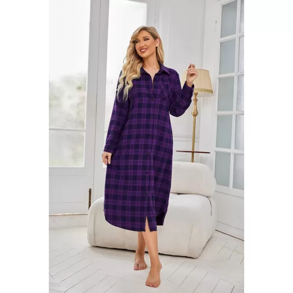 Ekouaer Womens Nightgown Plaid Flannel Warm Cotton Christmas Nightgown Sleep Shirt ButtonFront Nightshirt SleepwearPurple 2