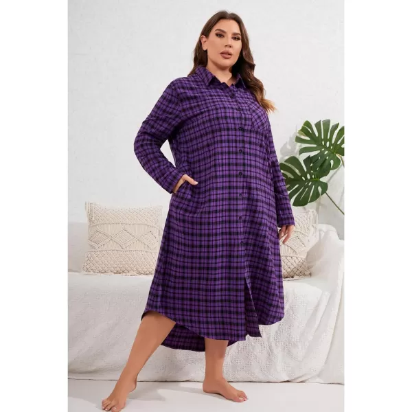 Ekouaer Womens Nightgown Plaid Flannel Warm Cotton Christmas Nightgown Sleep Shirt ButtonFront Nightshirt SleepwearPurple