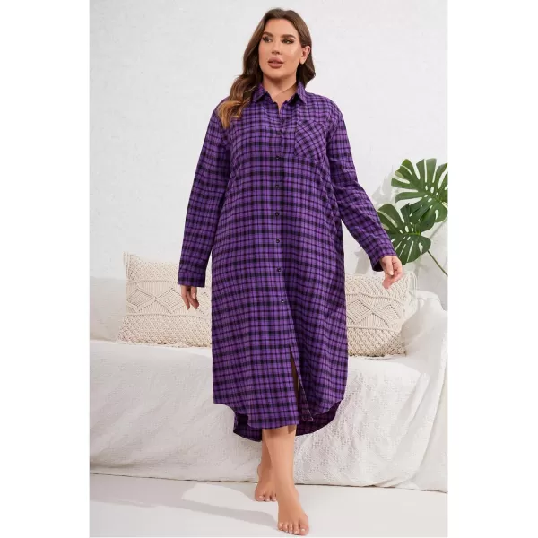 Ekouaer Womens Nightgown Plaid Flannel Warm Cotton Christmas Nightgown Sleep Shirt ButtonFront Nightshirt SleepwearPurple