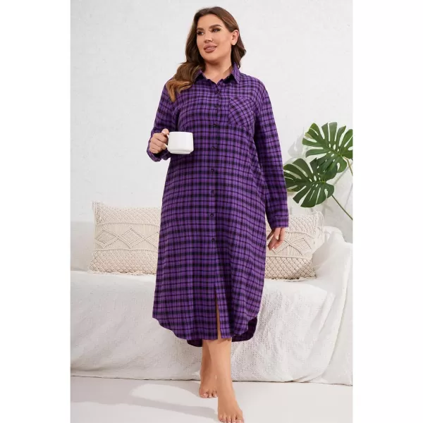 Ekouaer Womens Nightgown Plaid Flannel Warm Cotton Christmas Nightgown Sleep Shirt ButtonFront Nightshirt SleepwearPurple