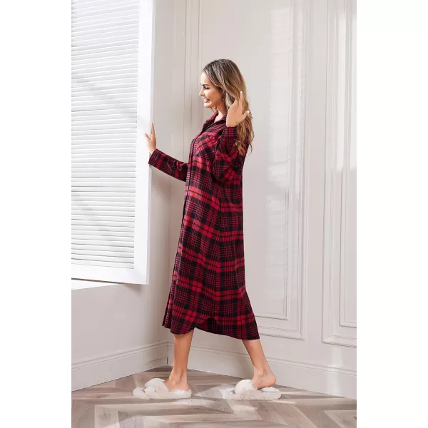 Ekouaer Womens Nightgown Plaid Flannel Warm Cotton Christmas Nightgown Sleep Shirt ButtonFront Nightshirt SleepwearRed and Black