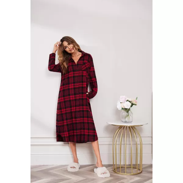 Ekouaer Womens Nightgown Plaid Flannel Warm Cotton Christmas Nightgown Sleep Shirt ButtonFront Nightshirt SleepwearRed and Black