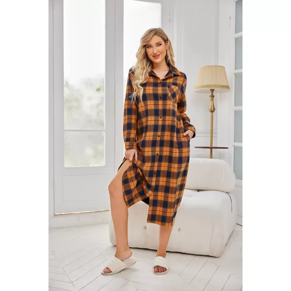 Ekouaer Womens Nightgown Plaid Flannel Warm Cotton Christmas Nightgown Sleep Shirt ButtonFront Nightshirt SleepwearYellow