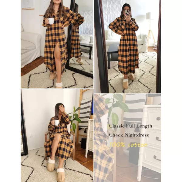 Ekouaer Womens Nightgown Plaid Flannel Warm Cotton Christmas Nightgown Sleep Shirt ButtonFront Nightshirt SleepwearYellow