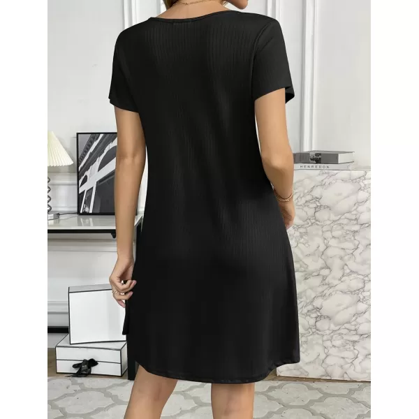 Ekouaer Womens Nightgown Ribbed Knit Nightshirt V Neck Sleepshirt Short Sleeve SleepdressBlack