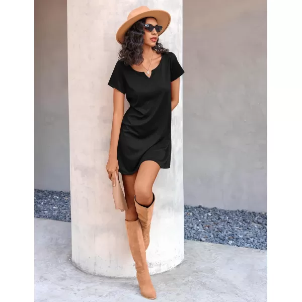 Ekouaer Womens Nightgown Ribbed Knit Nightshirt V Neck Sleepshirt Short Sleeve SleepdressBlack