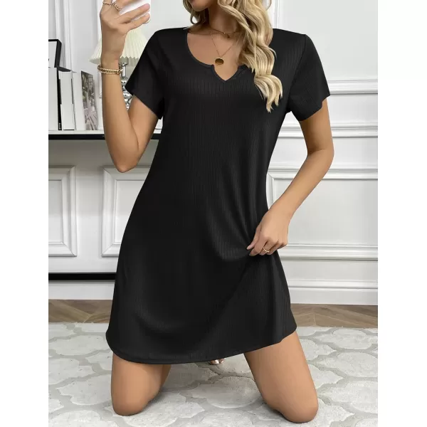 Ekouaer Womens Nightgown Ribbed Knit Nightshirt V Neck Sleepshirt Short Sleeve SleepdressBlack