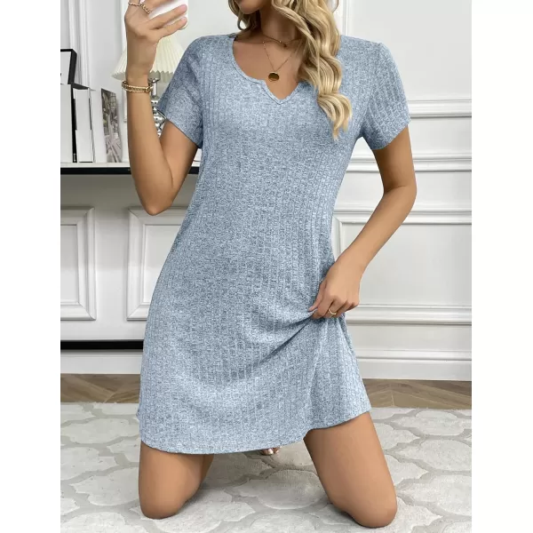 Ekouaer Womens Nightgown Ribbed Knit Nightshirt V Neck Sleepshirt Short Sleeve SleepdressClear Blue