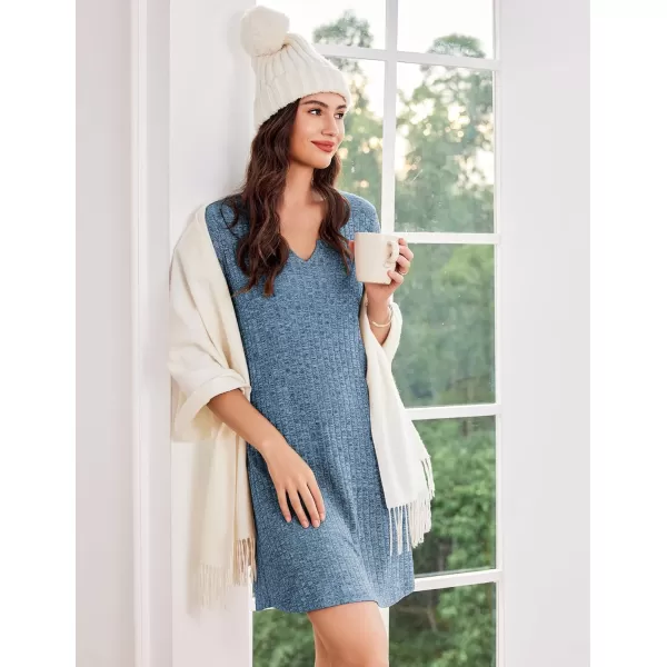 Ekouaer Womens Nightgown Ribbed Knit Nightshirt V Neck Sleepshirt Short Sleeve SleepdressLake Blue