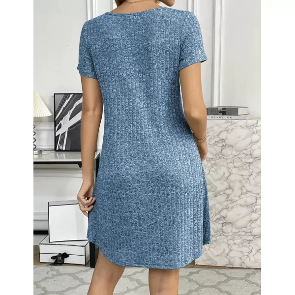 Ekouaer Womens Nightgown Ribbed Knit Nightshirt V Neck Sleepshirt Short Sleeve SleepdressLake Blue