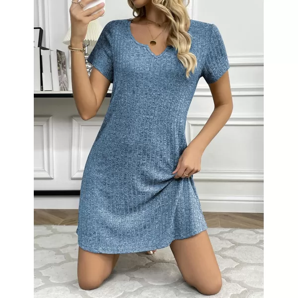 Ekouaer Womens Nightgown Ribbed Knit Nightshirt V Neck Sleepshirt Short Sleeve SleepdressLake Blue