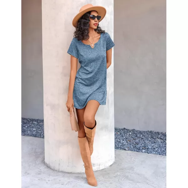 Ekouaer Womens Nightgown Ribbed Knit Nightshirt V Neck Sleepshirt Short Sleeve SleepdressLake Blue