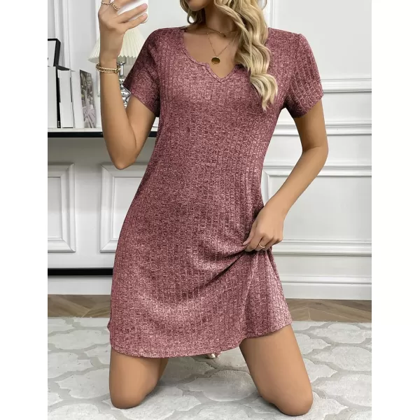 Ekouaer Womens Nightgown Ribbed Knit Nightshirt V Neck Sleepshirt Short Sleeve SleepdressWine Red