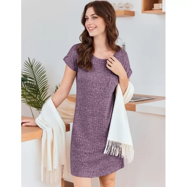 Ekouaer Womens Nightgown Ribbed Knit Sleepshirt Short Sleeve Nightshirt Casual Crew Neck SleepwearPurple