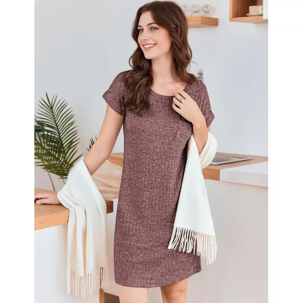 Ekouaer Womens Nightgown Ribbed Knit Sleepshirt Short Sleeve Nightshirt Casual Crew Neck SleepwearWine Red