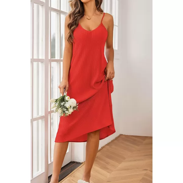 Ekouaer Womens Nightgown Sexy Full Slips Sleep Dress V Neck Chemise Sleepwear Sleeveless Long NightwearRed