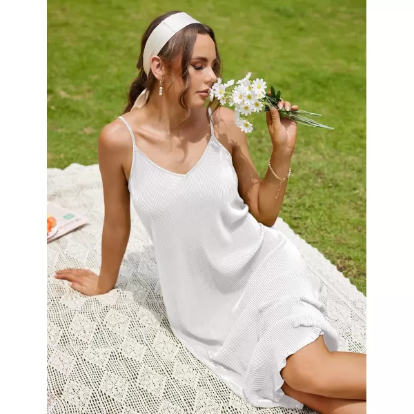 Ekouaer Womens Nightgown Sexy Full Slips Sleep Dress V Neck Chemise Sleepwear Sleeveless Long NightwearWhite