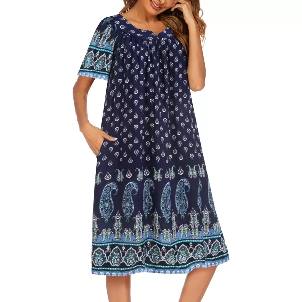 Ekouaer Womens Nightgown Short Sleeve House Dress with PocketsFloral Print Mumu Dress SXXXLNavy Cashew Nuts