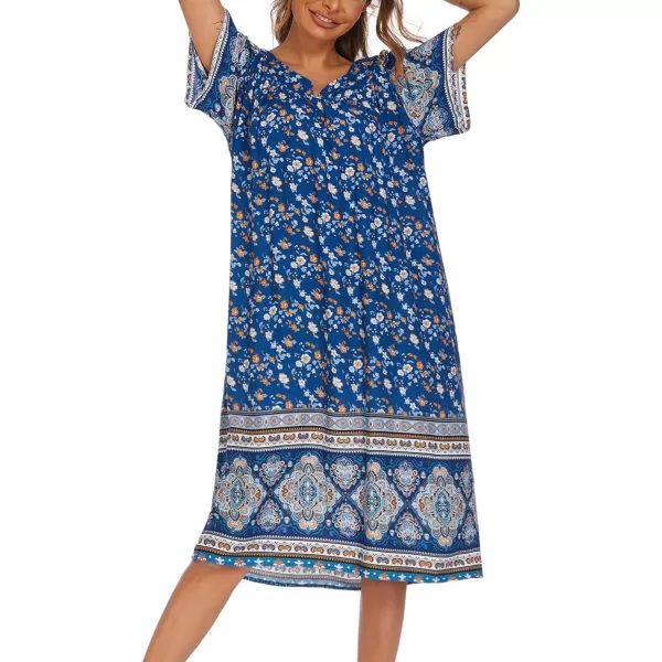 Ekouaer Womens Nightgown Short Sleeve House Dress with PocketsFloral Print Mumu Dress SXXXLRoyal Blue