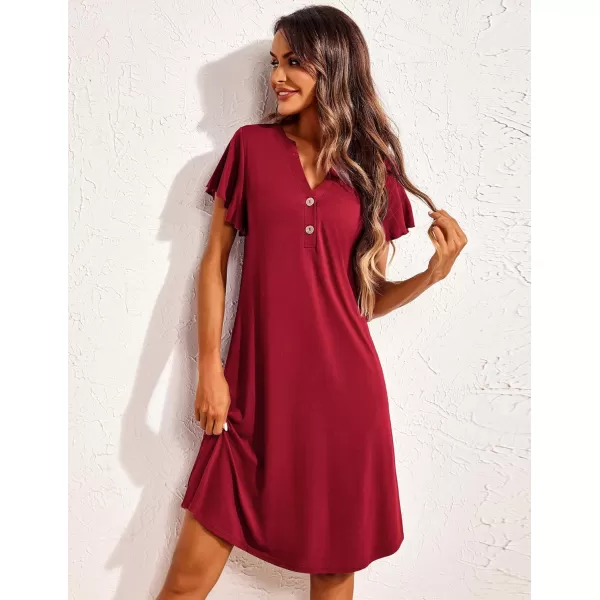 Ekouaer Womens Nightgown Short Sleeve Sleepshirt VNeck Sleepwear Soft Nightshirt Pajama Dress SXXLWine Red