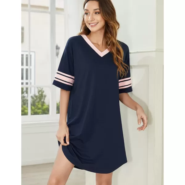 Ekouaer Womens Nightgown Short Sleeve SleepshirtASolid color Anavy Blue