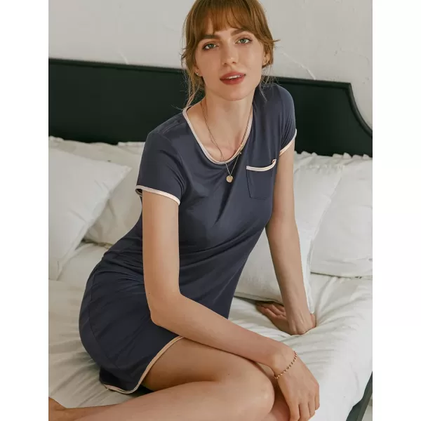 Ekouaer Womens Nightgown Sleep Shirt Dress Satin Patchwork Short Sleeve Sleepwear with PocketAdark Grey