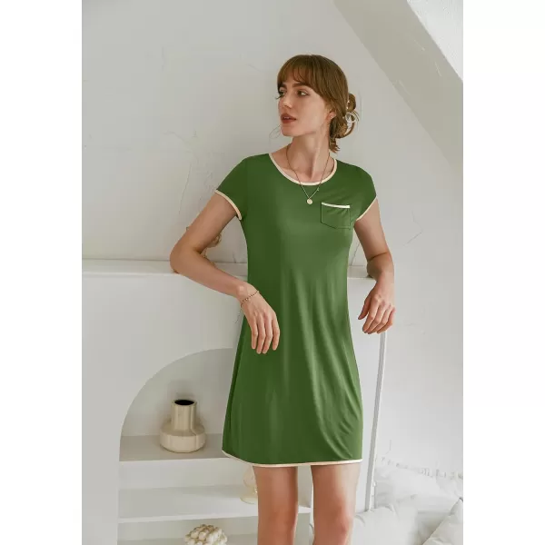 Ekouaer Womens Nightgown Sleep Shirt Dress Satin Patchwork Short Sleeve Sleepwear with PocketArmy Green