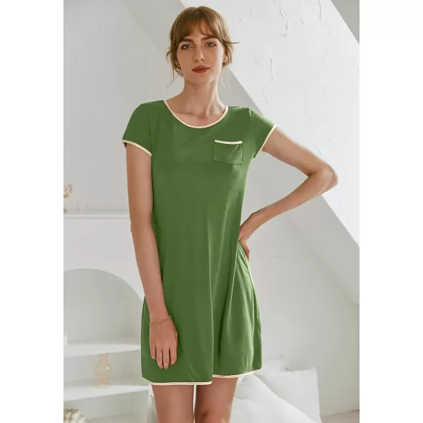 Ekouaer Womens Nightgown Sleep Shirt Dress Satin Patchwork Short Sleeve Sleepwear with PocketArmy Green