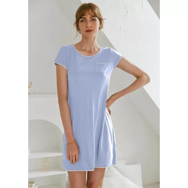 Ekouaer Womens Nightgown Sleep Shirt Dress Satin Patchwork Short Sleeve Sleepwear with PocketBluegray