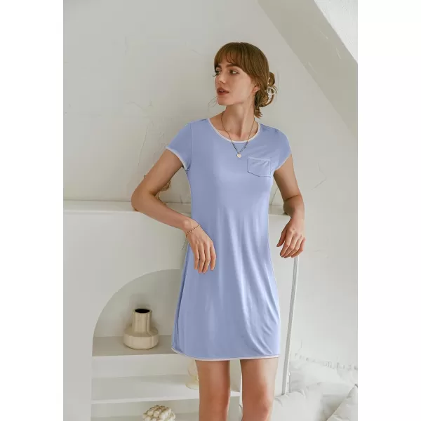 Ekouaer Womens Nightgown Sleep Shirt Dress Satin Patchwork Short Sleeve Sleepwear with PocketBluegray