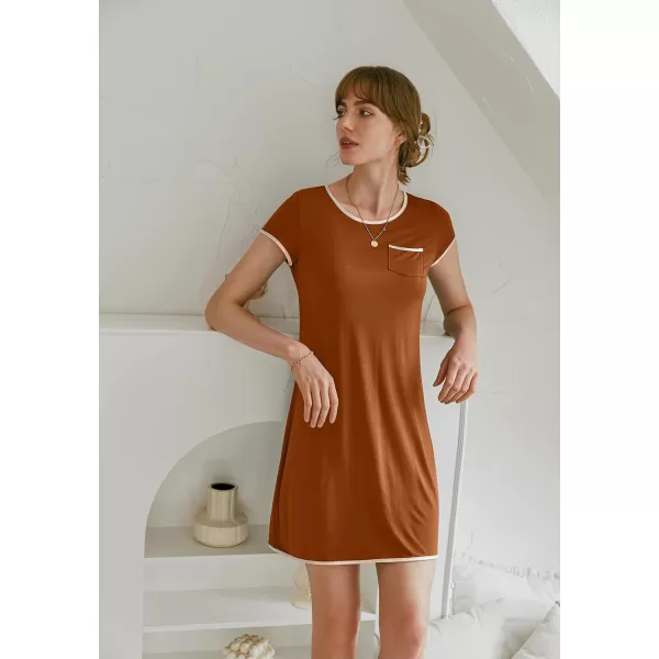 Ekouaer Womens Nightgown Sleep Shirt Dress Satin Patchwork Short Sleeve Sleepwear with PocketCaramel