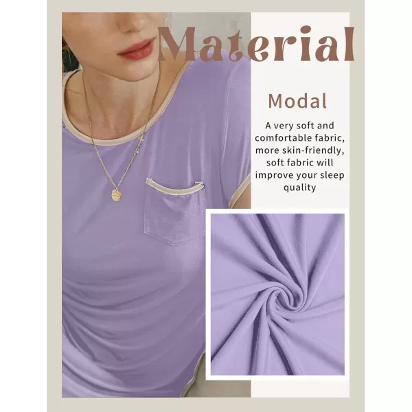 Ekouaer Womens Nightgown Sleep Shirt Dress Satin Patchwork Short Sleeve Sleepwear with PocketLilac