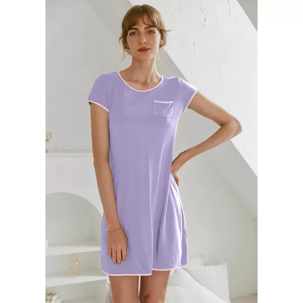 Ekouaer Womens Nightgown Sleep Shirt Dress Satin Patchwork Short Sleeve Sleepwear with PocketLilac