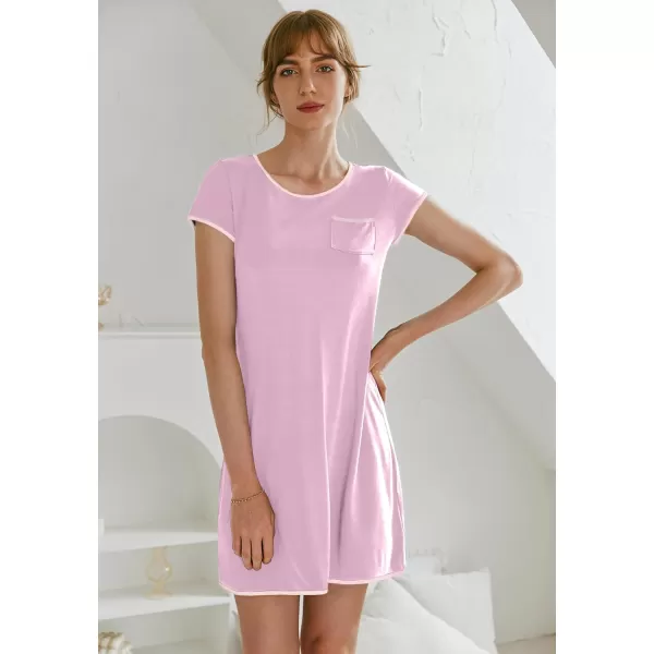 Ekouaer Womens Nightgown Sleep Shirt Dress Satin Patchwork Short Sleeve Sleepwear with PocketMisty Rose