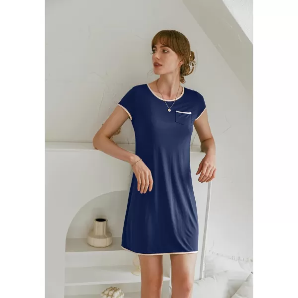 Ekouaer Womens Nightgown Sleep Shirt Dress Satin Patchwork Short Sleeve Sleepwear with PocketNavy Blue