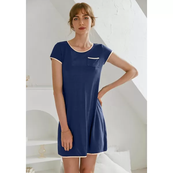 Ekouaer Womens Nightgown Sleep Shirt Dress Satin Patchwork Short Sleeve Sleepwear with PocketNavy Blue