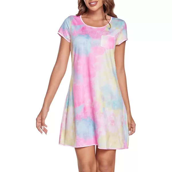 Ekouaer Womens Nightgown Sleep Shirt Dress Satin Patchwork Short Sleeve Sleepwear with PocketTie Dye