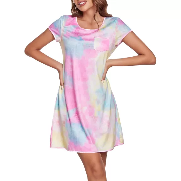 Ekouaer Womens Nightgown Sleep Shirt Dress Satin Patchwork Short Sleeve Sleepwear with PocketTie Dye