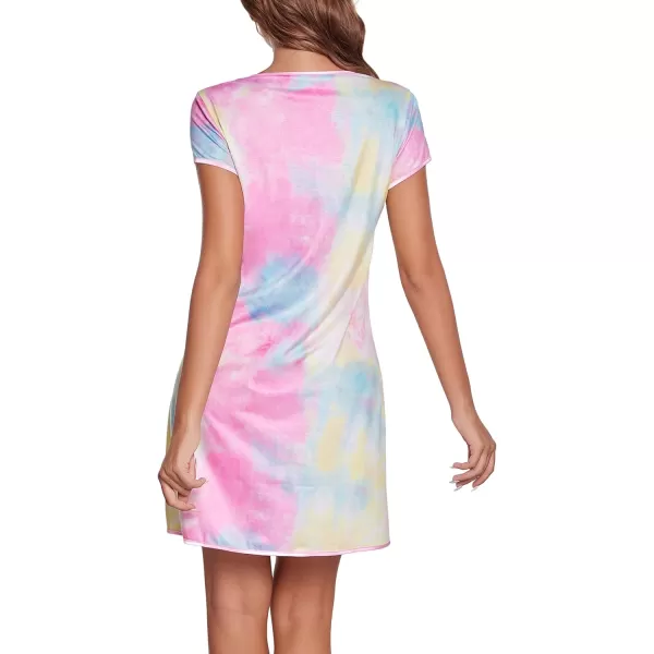 Ekouaer Womens Nightgown Sleep Shirt Dress Satin Patchwork Short Sleeve Sleepwear with PocketTie Dye