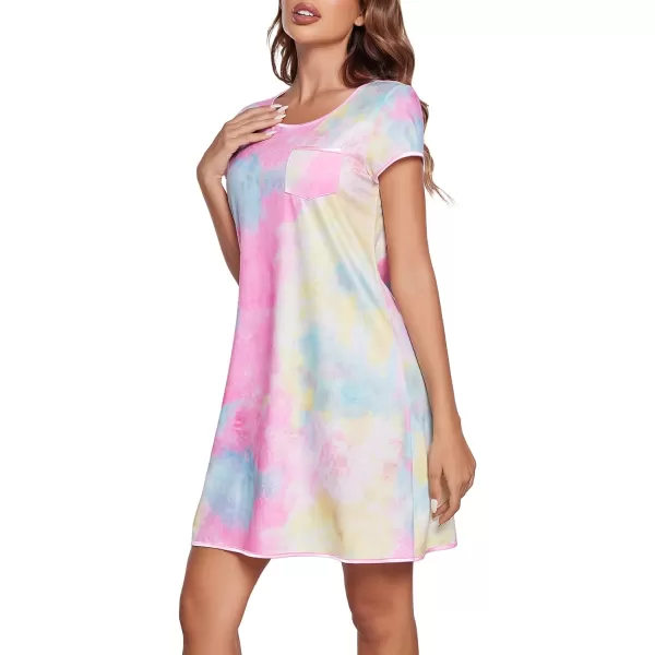 Ekouaer Womens Nightgown Sleep Shirt Dress Satin Patchwork Short Sleeve Sleepwear with PocketTie Dye