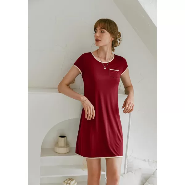 Ekouaer Womens Nightgown Sleep Shirt Dress Satin Patchwork Short Sleeve Sleepwear with PocketWine Red