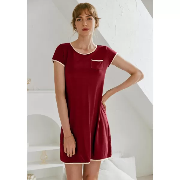 Ekouaer Womens Nightgown Sleep Shirt Dress Satin Patchwork Short Sleeve Sleepwear with PocketWine Red