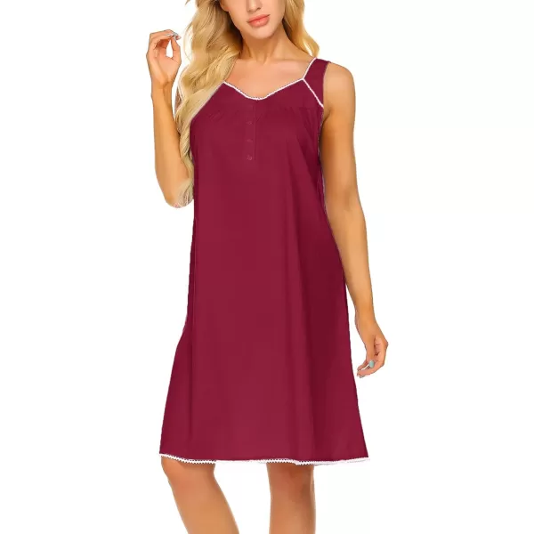 Ekouaer Womens Nightgown Sleepwear Cotton Sleeveless Sleep Dress V Neck Nightwear LoungewearWine Red