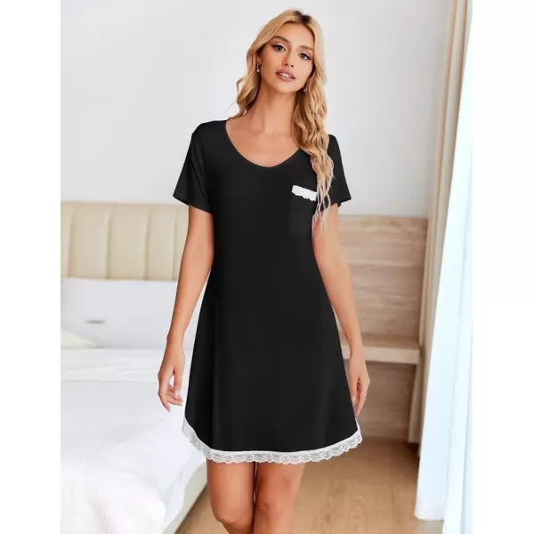 Ekouaer Womens Nightgown Sleepwear Soft Sleepshirt Short Sleeve Lace Trim Nightshirt Sexy Pajama Dress SXXLAblack