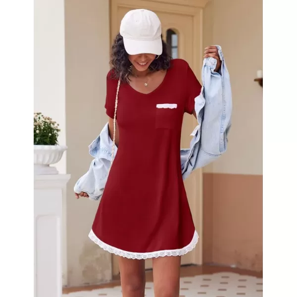 Ekouaer Womens Nightgown Sleepwear Soft Sleepshirt Short Sleeve Lace Trim Nightshirt Sexy Pajama Dress SXXLAwine Red