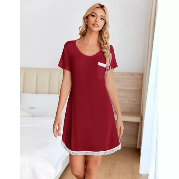 Ekouaer Womens Nightgown Sleepwear Soft Sleepshirt Short Sleeve Lace Trim Nightshirt Sexy Pajama Dress SXXLAwine Red