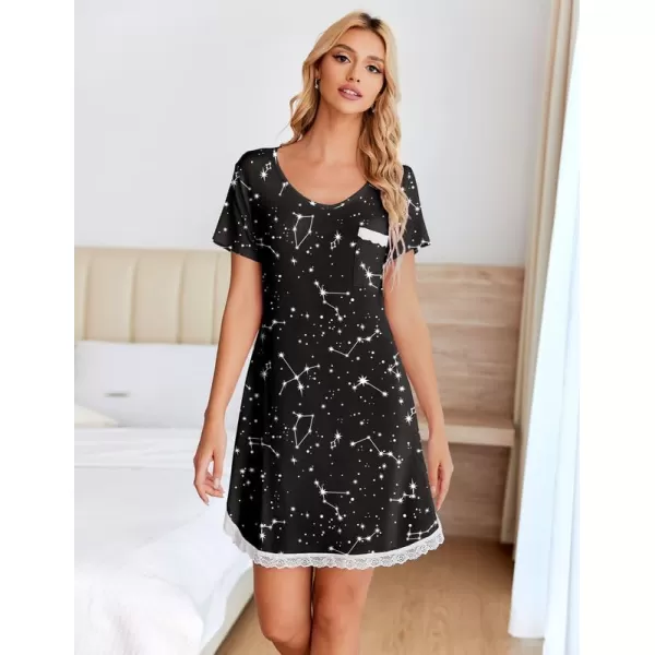 Ekouaer Womens Nightgown Sleepwear Soft Sleepshirt Short Sleeve Lace Trim Nightshirt Sexy Pajama Dress SXXLBlack Star