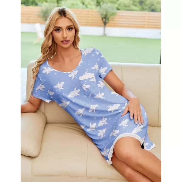 Ekouaer Womens Nightgown Sleepwear Soft Sleepshirt Short Sleeve Lace Trim Nightshirt Sexy Pajama Dress SXXLCloud Print